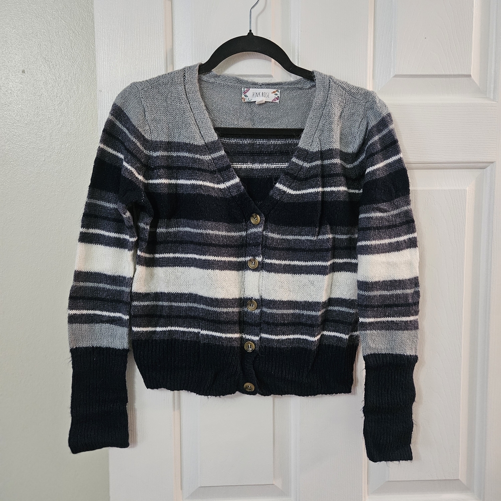 Pink Rose Striped Cardigan in Navy, Gray, and White